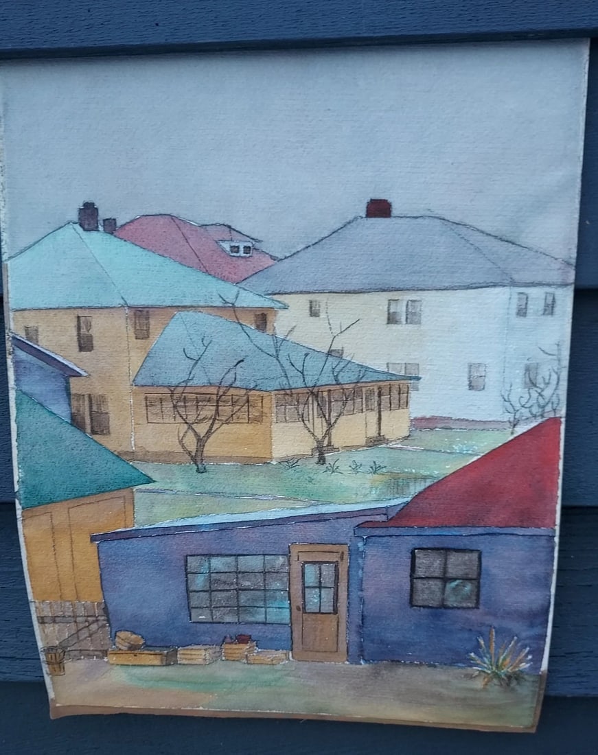 1950 Houses great colors Watercolor student art: Great looking piece in excellent condition. Not sure how old but 1950 would make sense, Measures 12 x 16" . Shipping charges include insurance. Shipping: Domestic: Flat-rate of $20.00 to anywhere with