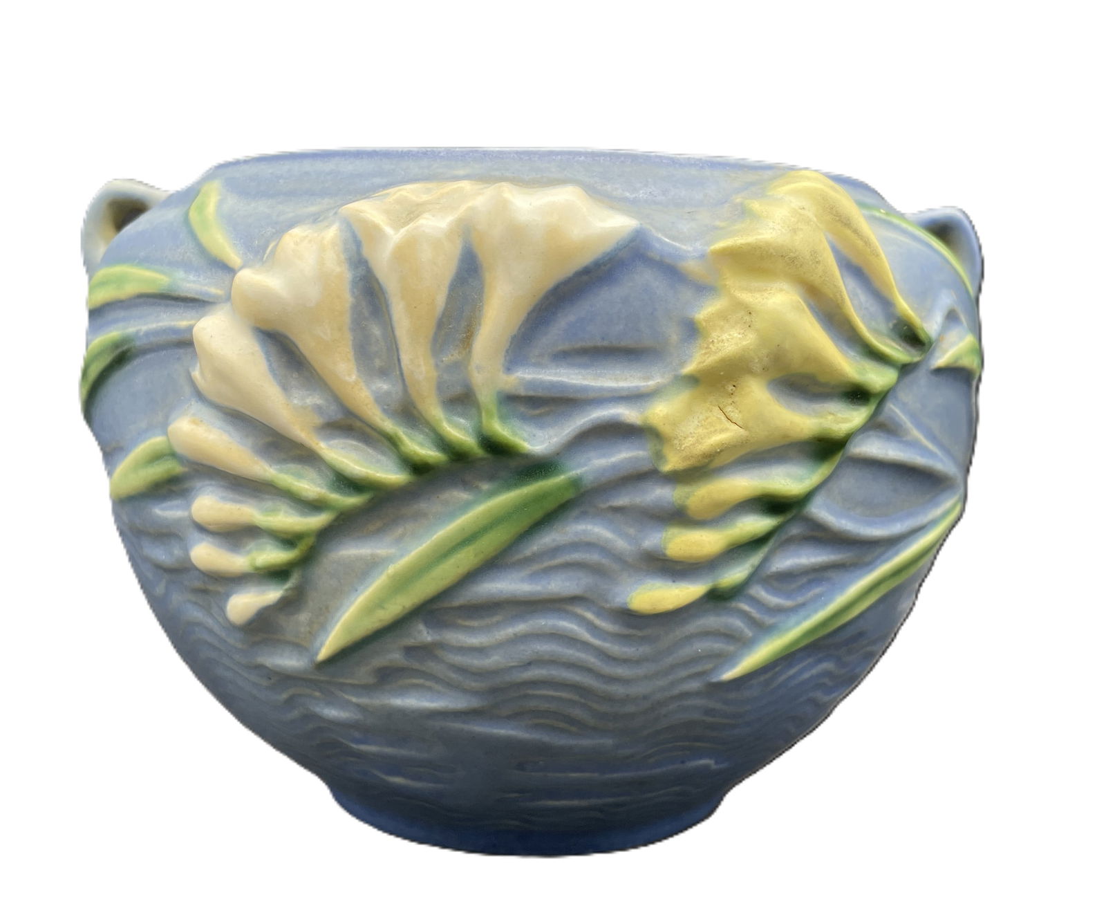 ROSEVILLE POTTERY FREESIA BLUE JARDINIERE 669-4: Date/Period: Dimension: 4 1/4" tall and 6 1/4" wide Material: pottery Additional Information: ROSEVILLE POTTERY FREESIA BLUE JARDINIERE 669-4 Shipping: Domestic: Flat-rate of $10.00 to anywhere within