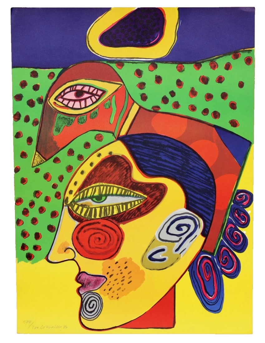 CORNEILLE GUILLAUME VAN BEVERLOO Lithogrph Woman's Head&Pensive Bird S/N 174/300: CORNEILLE GUILLAUME VAN BEVERLOO (1922-2010). COBRA MOVEMENT! Signed and numbered Lithograph. Tete de femme et oiseau pensif (Woman's Head and Pensive Bird), 28-1/2" x 20-3/4" sight size lithograph, s