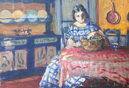 French School; 1930's French Post-Impressionist Oil Lady Seated Kitchen Table Interior Dresser,