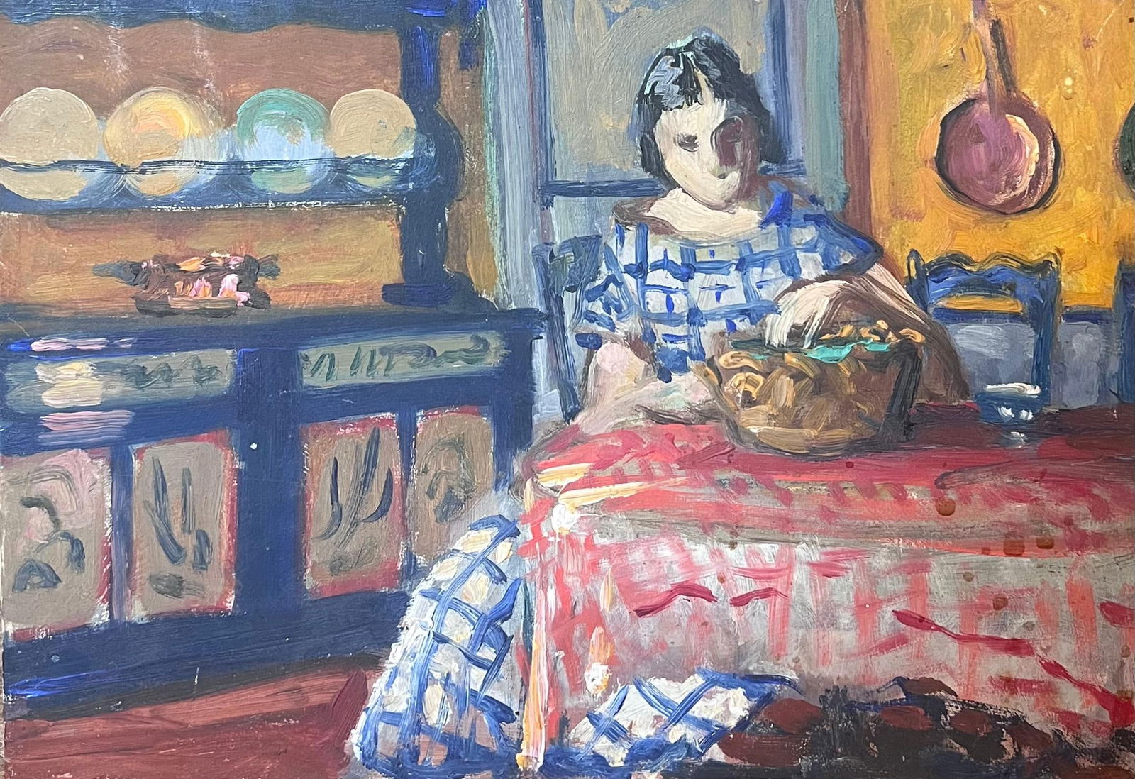 French School; 1930's French Post-Impressionist Oil Lady Seated Kitchen Table Interior Dresser,