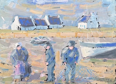 Fanch Lel; Fisherfolk Figures Prepping the Casting On The Shore Landscape Oil Painting, 1999