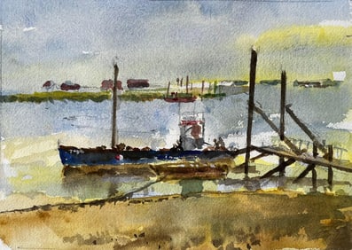 Anthony Herbert; Moored Fishing Boat with Jetty and Distant Sheds East Coast Maritime Watercolour