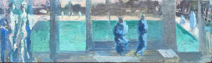 Bernadette Kelly; Modern French Oil Painting Figures at a Poolside with Pool House Interior