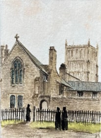 Jack Grunwell; Historic Miniature Watercolor of Minster House and Bristol Cathedral circa 1833