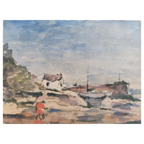 French Modernist Cubist Painting Figure by the Harbour, 20th Century