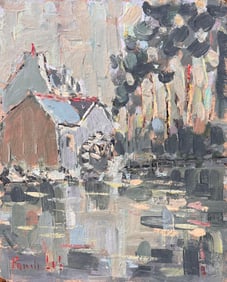 Fanch Lel; French Impressionist River Scene in Moulin sur l’Aven with Rustic Houses