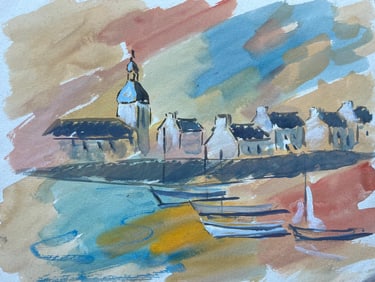 Fanch Lel; French Coastal Village and Boats Gouache Painting with Sunset Sky
