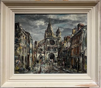 Raymond Besse; Mid 20th Century French Expressionist Signed Oil Painting French Cathedral City, c.