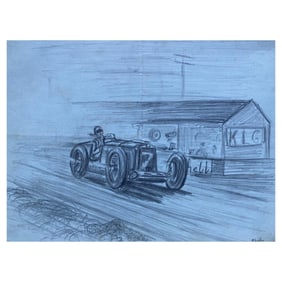 Original 1930's Vintage Motor Car Racing Original Drawing Signed Dated, circa 1930s