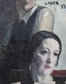 French School; 1950's French Moody Atmospheric Portrait of Couple Grey White Black Signed
