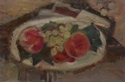 French School; Mid Century French Modernist Oil Painting Still Life Fruit on a Bowl