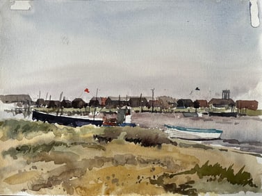 Anthony Herbert; Walberswick Boats and Fishing Huts on the Riverbank with Grasses and Red Flag, 1995