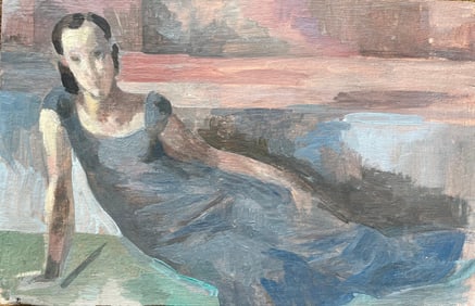 Bernadette Kelly; Modernist French Oil Painting Atmospheric Portrait Reclining Woman in Blue Dress