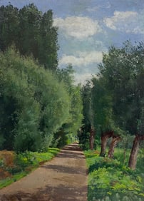 French School ; Antique French Impressionist Oil Woodland Avenue Trees Dappled Sunlight Path