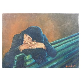 Fernand Audet French Signed Oil Elderly Lady Sleeping on Bench, circa 1960s