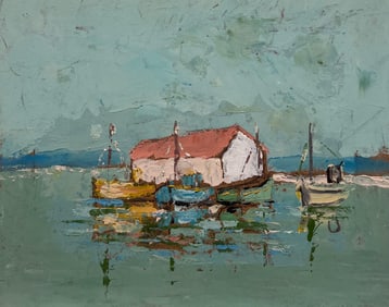 Fanch Lel; French Impressionist Red Roof Boathouse on a Turquoise Sailing Boat Bay, 2003