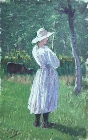 French School; Antique French Impressionist Signed Oil Farming Girl Dappled Light Landscape, 1900's