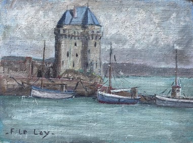 Fanch Lel; French Impressionist Oil Painting of Boats and Harbour Tower