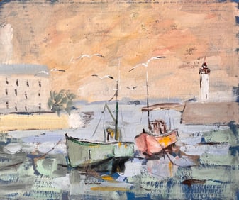 Fanch Lel; Impressionist Harbour Scene with Fishing Boats Lighthouse and Sunset Sky