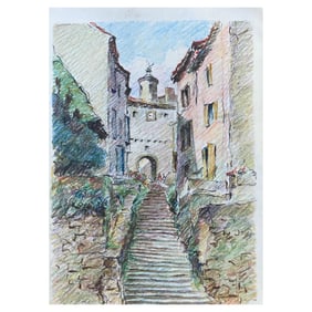 Provence Hill Top Town French Impressionist Crayon Drawing, circa 1940s