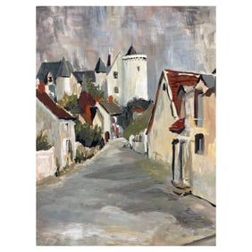 1950's Modernist Painting, Grey Skies Over French Peaceful Town, 1950s