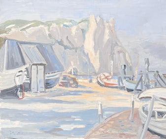 Georges Bordonove; Misty Grey Boats Resting at the Still Harbour French Impressionist Oil Painting,