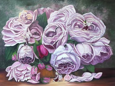 Annie Faure; Tiny Dancers and Fairies in The Blooming Pink Roses Large Oil Painting
