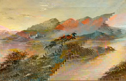 F. E. Jamieson; Antique Scottish Landscape Oil Painting Castle overlooking Highland Loch Sunset,