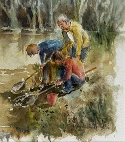 Anthony Herbert; Tadpoling Ruislip Children Pond Dipping with Nets Original British Watercolour