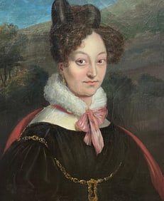 French School; French Empire Period Portrait of Fashionable Young Lady Antique Oil Painting