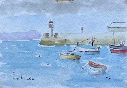 Fanch Lel; French Harbour Scene with Boats and Lighthouse in Gouache, 1994