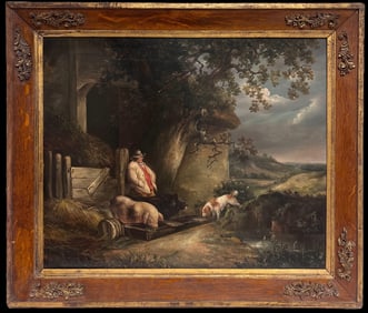 Fine Quality 1790's English Oil Painting The Pig Farmer Rural Cottage Landscape, 1795
