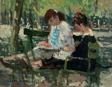 Claude Marin; Dappled Light Ladies in Paris Park 20th Century French Impressionist Signed Oil, 1986
