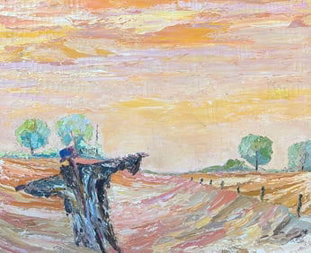 French School; Large 1970's French Expressionist Oil Painting Scarecrow in Sunset Golden Field