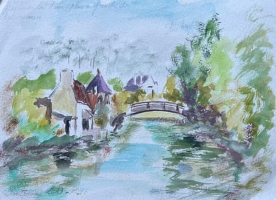 Fanch Lel; French Watercolour of Bridge and Riverside Cottages in Fontenay-le-Comte, 1996