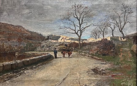 19th-Century French Oil Painting Country Road with Horse-Drawn Cart & Figure