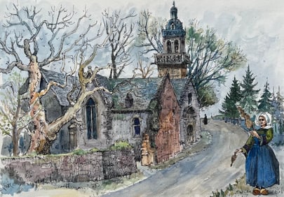 Robert Lepine (1929 - 2017); Brittany Watercolor of Saint-Marie du Menez-Hom Church with Breton