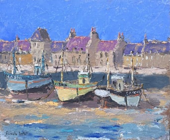 Fanch Lel; Fishing Boats in Neon Purple Sky Landscapes Oil Painting