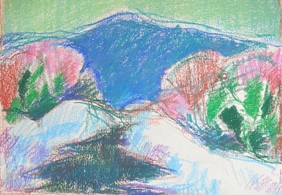 Akos Biro; 20th Century French Expressionist Blue Mountain Amongst the Bright Flower Beds