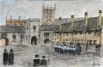 Jack Grunwell; Historic Miniature Watercolor of Schoolboys at Cathedral Close in Bristol