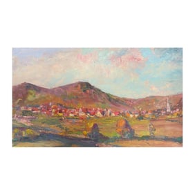 Leon Hatot; Vintage French Impressionist Oil Pink Sunset Over Provence Village, 1950