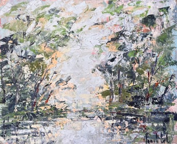 Fanch Lel; French Abstracted Landscape Forest Scene with Reflections in the Water
