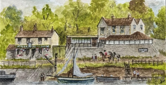 Jack Grunwell; Historic Miniature Watercolor of Chequers Inn Henham with Boat and Horse Riders