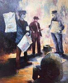 Annie Faure; Newspaper Vendors Busy Street Scene Large 20th Century French Oil Painting