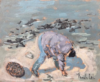 Fanch Lel; Le Pêcheur à Pied French Coastal Figure Painting of Shoreline Foraging, 1999