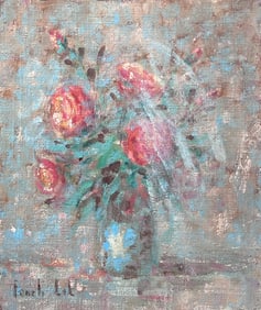 Fanch Lel; Impressionist French Red Roses in Blue Vase Interior Oil Painting