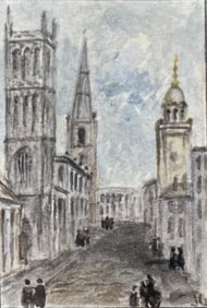 Jack Grunwell; Miniature Watercolor of Corn Street Bristol St Werburghs Church 15th Century