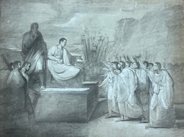 French School; 1800's French Neo Classical Old Master Chalk Drawing Roman Figures Court Scene