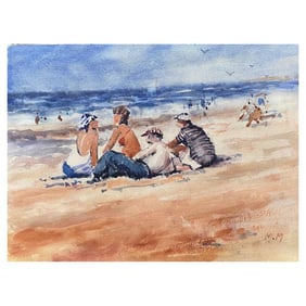 Maurice Mazeilie- French Impressionist Signed Watercolour - Figures at the Beach, 20th Century